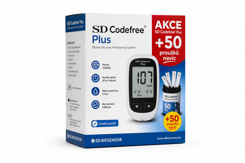 Glukometr AKCE SD-Codefree PLUS +50 proužků navíc