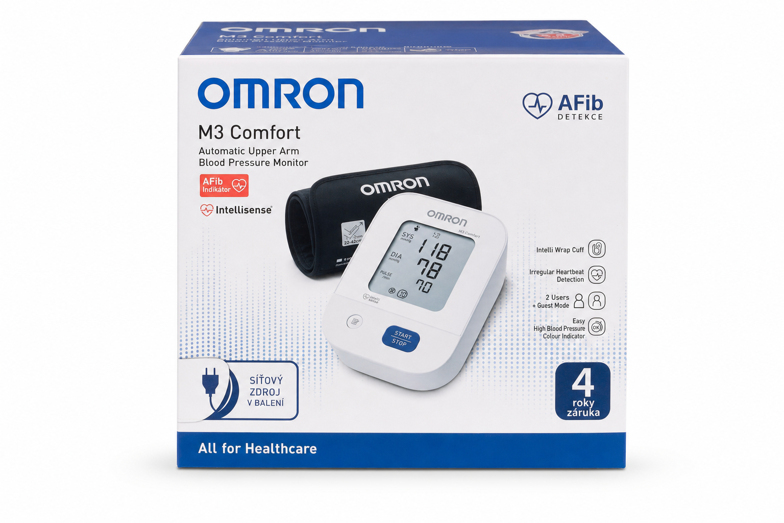 Tonometr dig.OMRON M3 Comf AFib.intelli+síť.zdr. 4r.zár