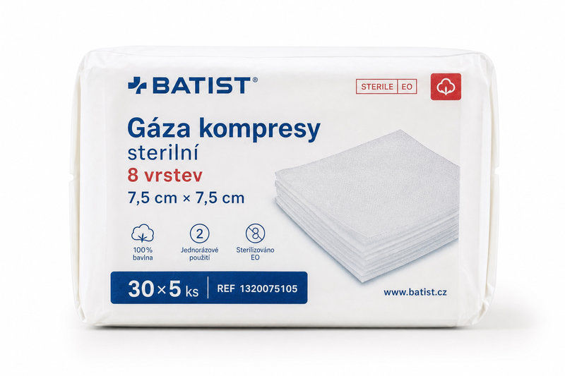 Gáza kompresy sterilní 8 vrstev 7.5x7.5cm/30x5ks